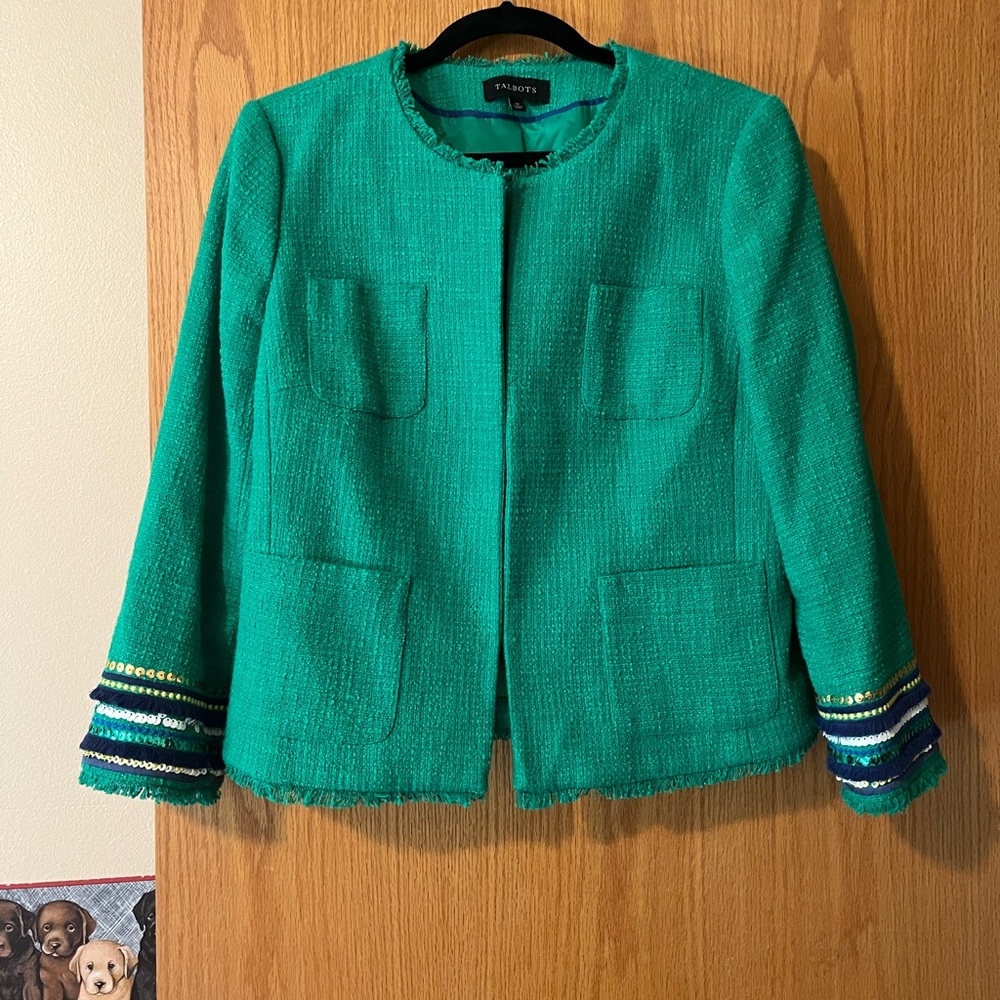 Talbots Teal Blazer with Embellished Sleeves